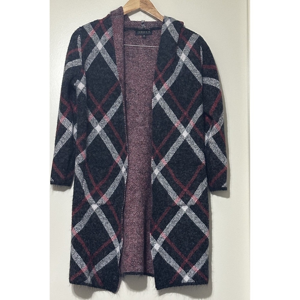 Joseph A Hooded Cardigan Sweater Womens M Plaid Cozy‎ Cabin Duster Boho Warm